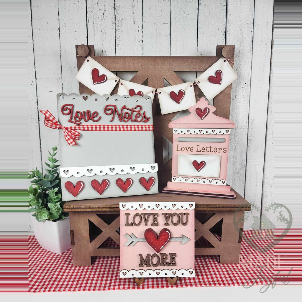 Valentine Love Notes tiered tray set with letter holder, Love Letters mailbox, Love You More sign, and heart banner, hand-painted in Brentwood, TN.