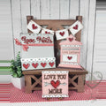 Valentine Love Notes tiered tray set with letter holder, Love Letters mailbox, Love You More sign, and heart banner, hand-painted in Brentwood, TN.
