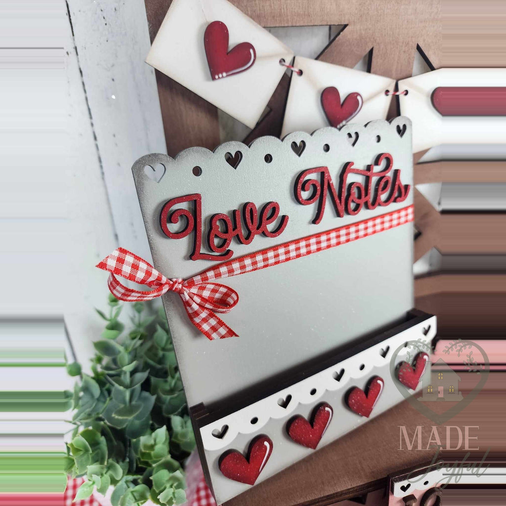 Love Notes Valentine letter holder with red hearts and a gingham ribbon, hand-painted in Brentwood, TN.
