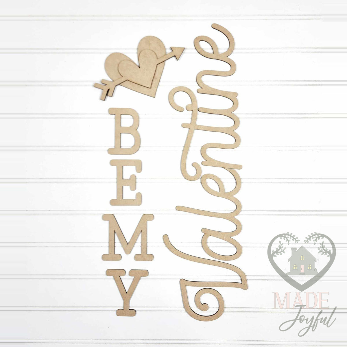 Unfinished laser-cut wood Be My Valentine Porch Leaner DIY kit (lettering pieces), ready to paint at a DIY party in Williamson County, TN.