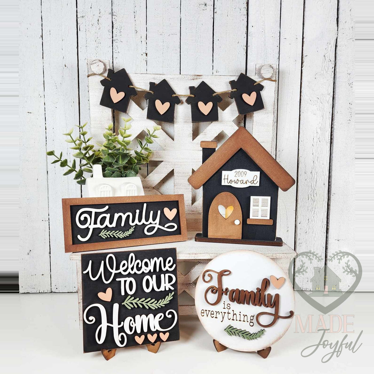 Family Home tiered tray set with personalized house votive, Family sign, Welcome to Our Home sign, and house banner, hand-painted in Brentwood, TN.