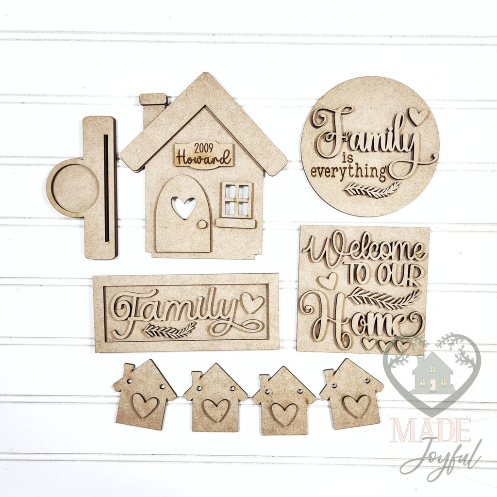 Unfinished laser-cut wood Family Home Tiered Tray Decor Set DIY kit, ready to paint at a DIY party in Williamson County, TN.