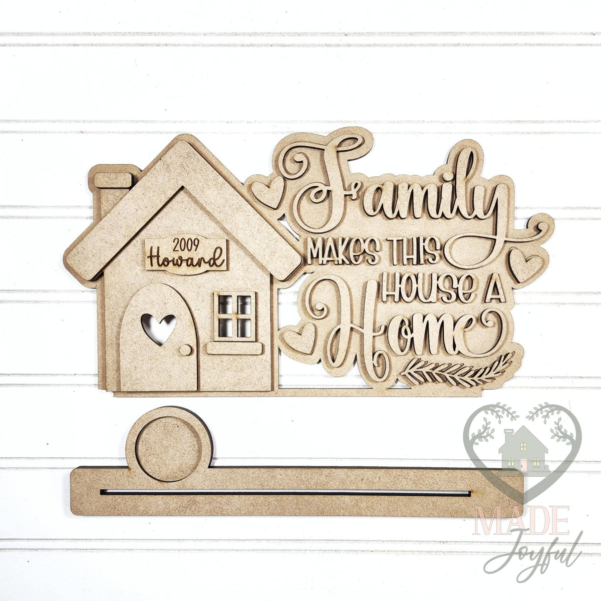 Unfinished laser-cut wood Family Makes This House a Home Votive Word Art DIY kit, ready to paint at a DIY party in Williamson County, TN.