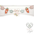Prim bunny and carrot Easter banner with button flowers on a mantel, hand-painted in Brentwood, TN.