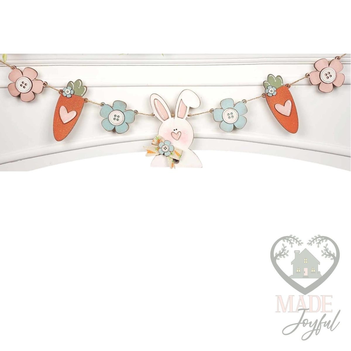 Prim bunny and carrot Easter banner with button flowers on a mantel, hand-painted in Brentwood, TN.