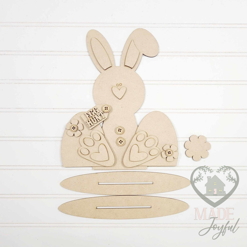Unfinished laser-cut wood Prim Easter Bunny Shelf Sitter DIY kit, ready to paint at a DIY party in Williamson County, TN.