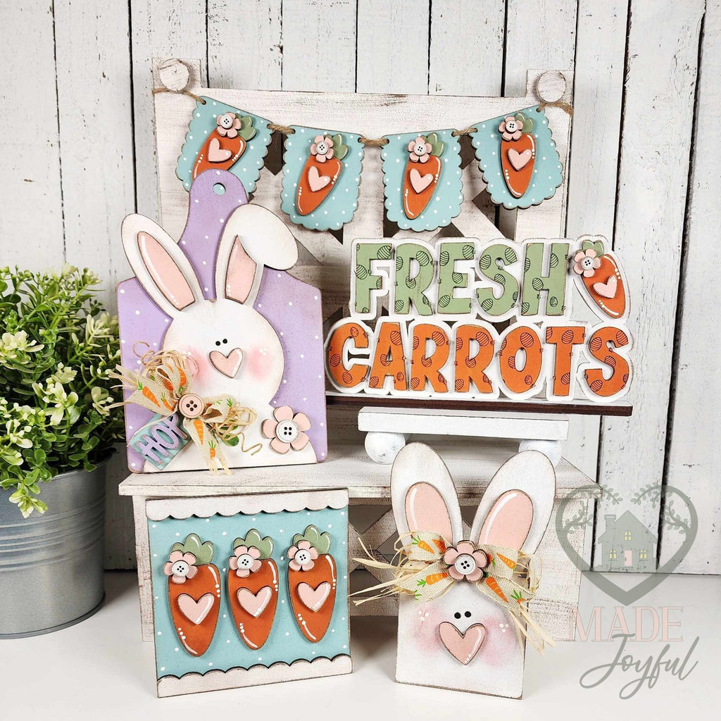 Prim Bunnies and Carrots tiered tray set with Fresh Carrots sign, bunny tags, carrot crate, and banner, hand-painted in Brentwood, TN.