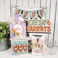 Prim Bunnies and Carrots tiered tray set with Fresh Carrots sign, bunny tags, carrot crate, and banner, hand-painted in Brentwood, TN.