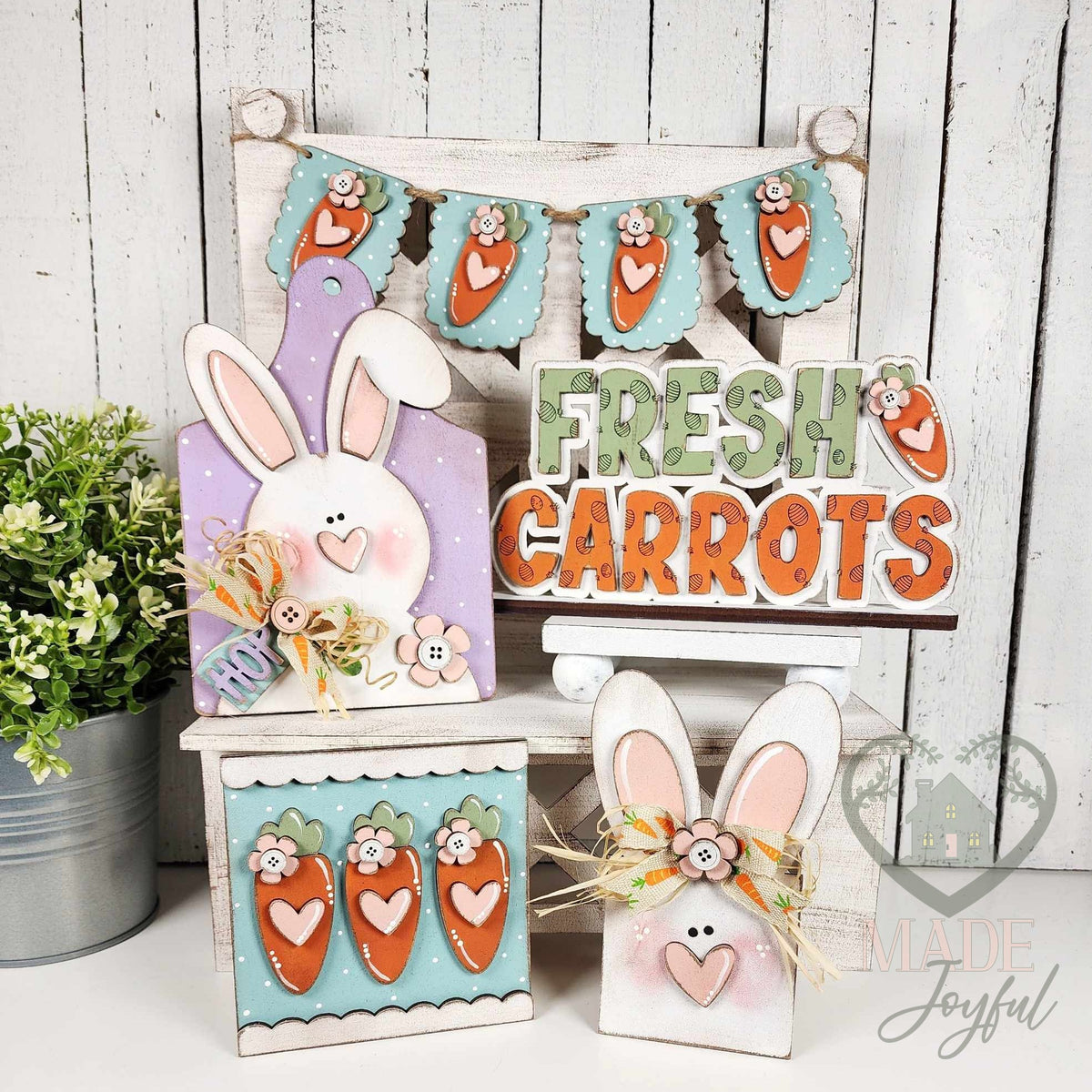 Prim Bunnies and Carrots tiered tray set with Fresh Carrots sign, bunny tags, carrot crate, and banner, hand-painted in Brentwood, TN.