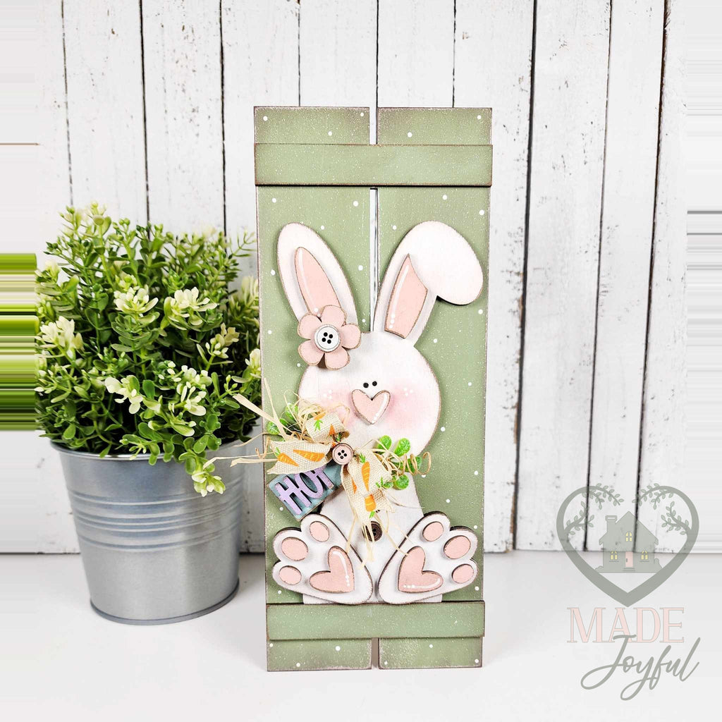 Prim bunny table top pallet painted sage green with a white bunny, hand-painted in Brentwood, TN.
