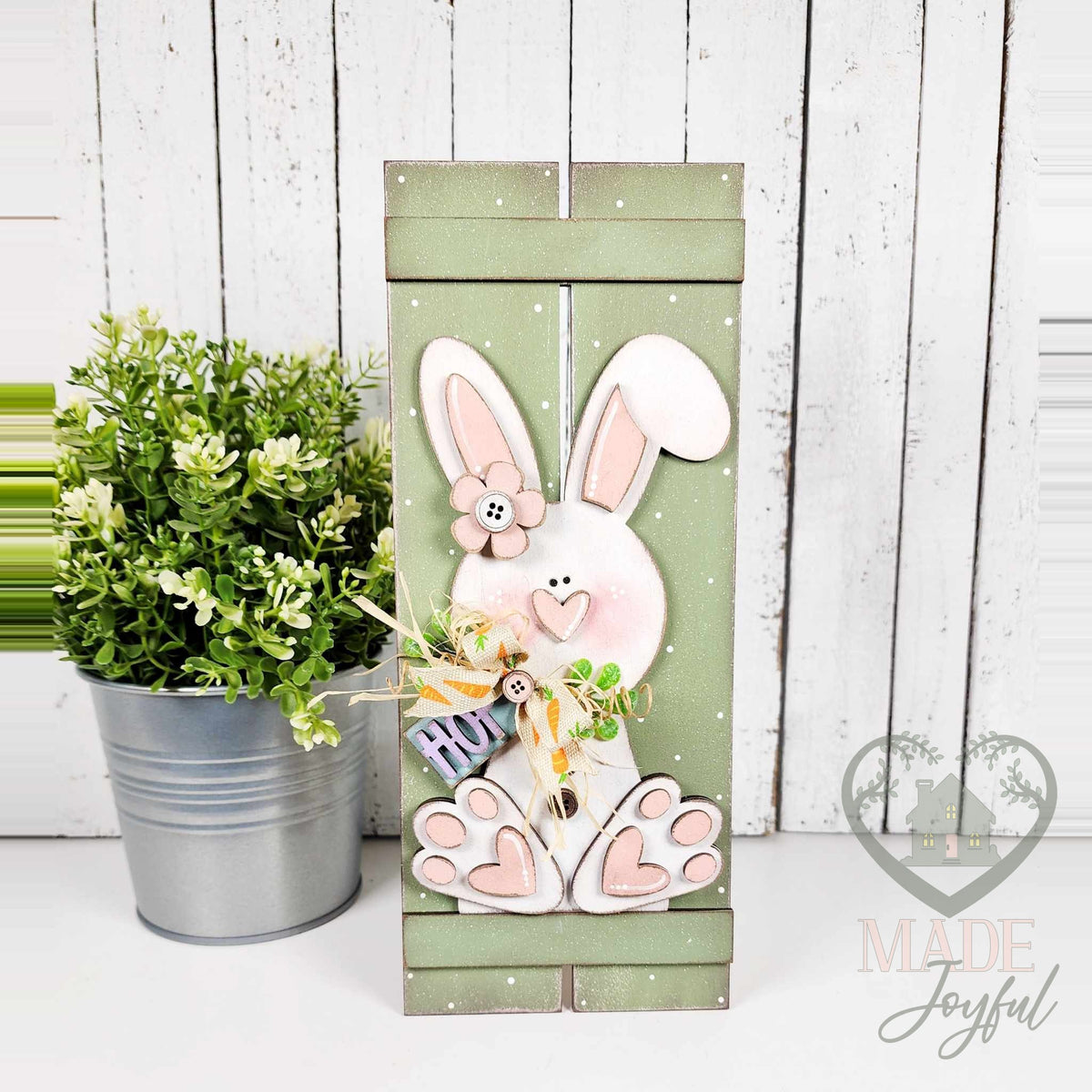 Prim bunny table top pallet painted sage green with a white bunny, hand-painted in Brentwood, TN.