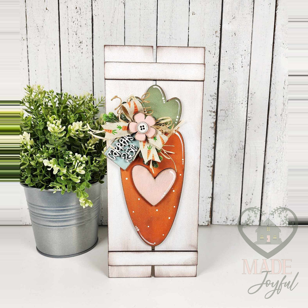 Prim carrot table top pallet painted white with an orange heart carrot, hand-painted in Brentwood, TN.