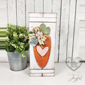 Prim carrot table top pallet painted white with an orange heart carrot, hand-painted in Brentwood, TN.