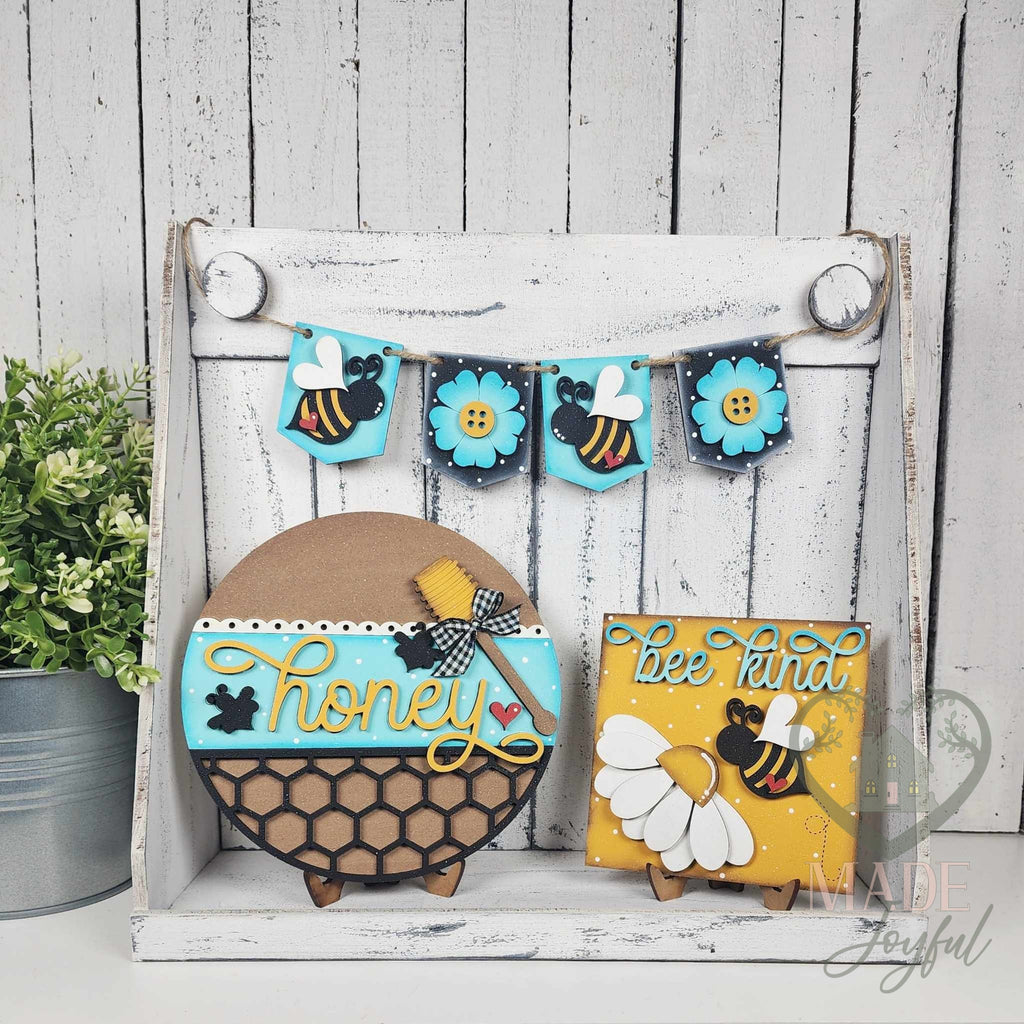 Honey bee mini tray set with Honey round, Bee Kind sign, and bee banner, hand-painted in Brentwood, TN.