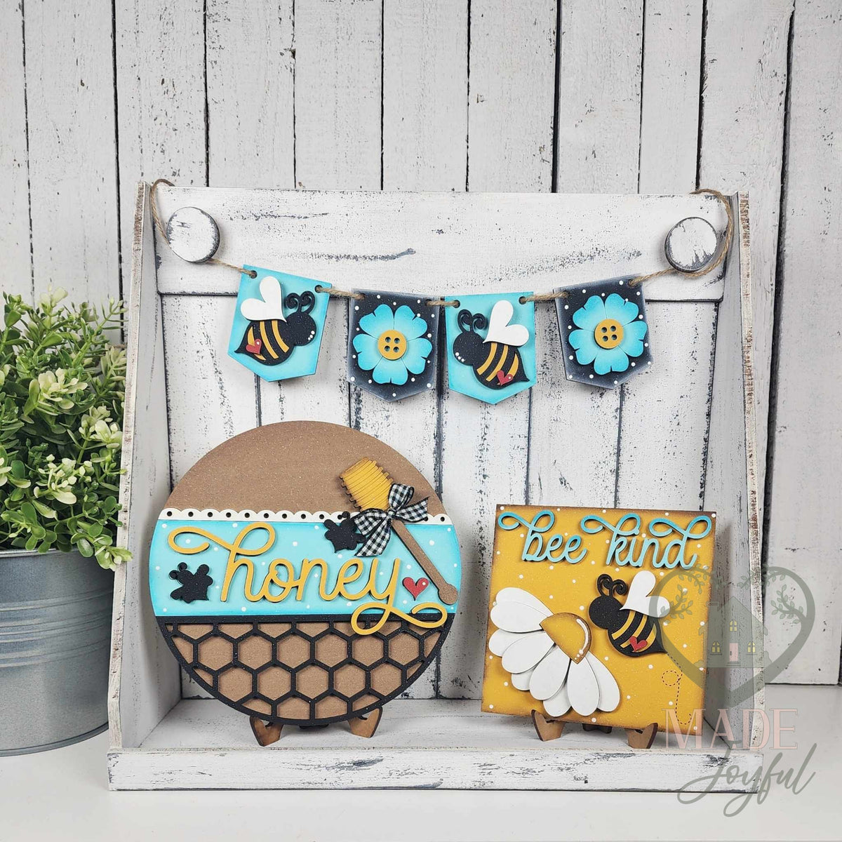 Honey bee mini tray set with Honey round, Bee Kind sign, and bee banner, hand-painted in Brentwood, TN.