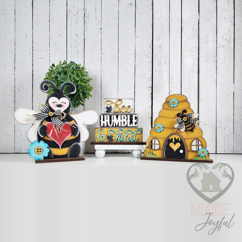 Honey bee shelf sitter set with bumblebee, Bee Humble and Kind word stacker, and beehive, hand-painted in Brentwood, TN.