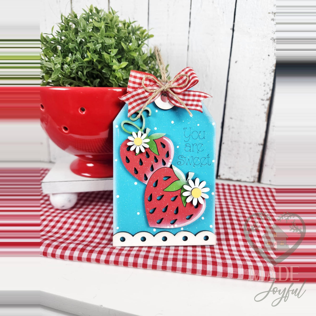 You Are Sweet strawberry gift tag in blue with red strawberries and daisies, hand-painted in Brentwood, TN.