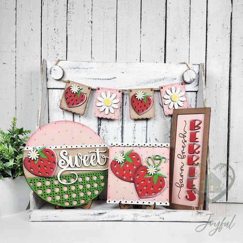 Berry Sweet tiered tray set with Sweet round, Farm Fresh Berries sign, and strawberry banner, hand-painted in Brentwood, TN.