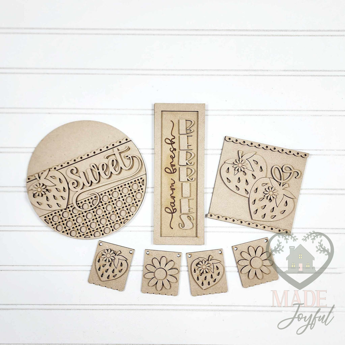 Unfinished laser-cut wood Berry Sweet Tiered Tray Decor Set DIY kit, ready to paint at a DIY party in Williamson County, TN.
