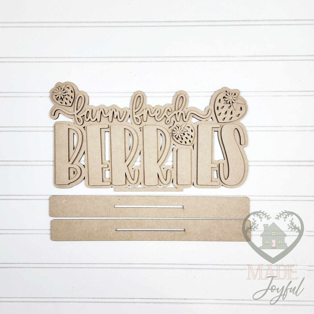 Unfinished laser-cut wood Farm Fresh Berries Word Art DIY kit, ready to paint at a DIY party in Williamson County, TN.