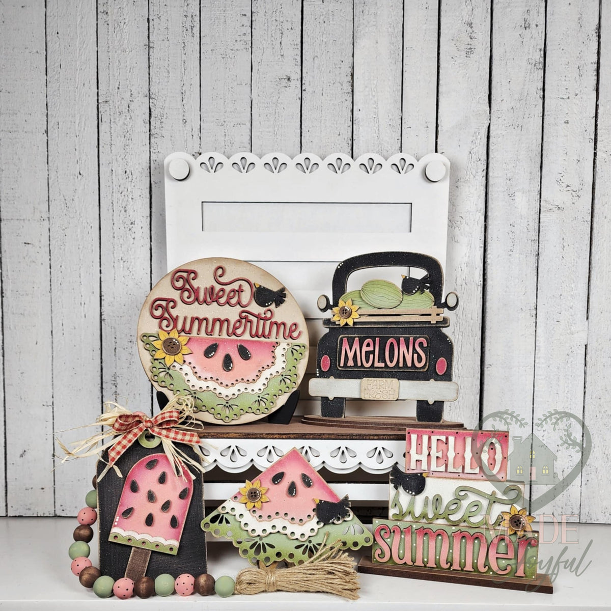 Sweet Summertime watermelon tiered tray set with round sign, Melons truck, and Hello Sweet Summer stacker, hand-painted in Brentwood, TN.