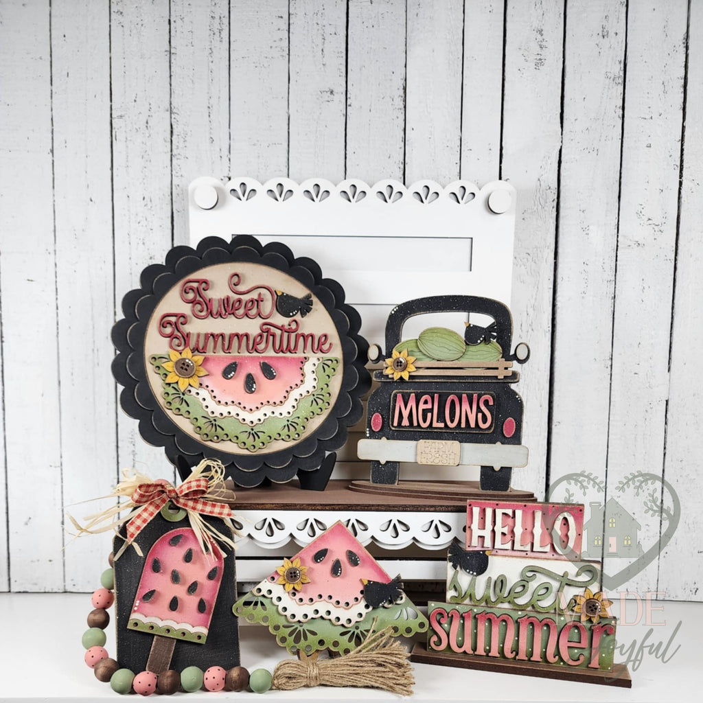 Watermelon tiered tray set styled with a scalloped round, hand-painted in Brentwood, TN.