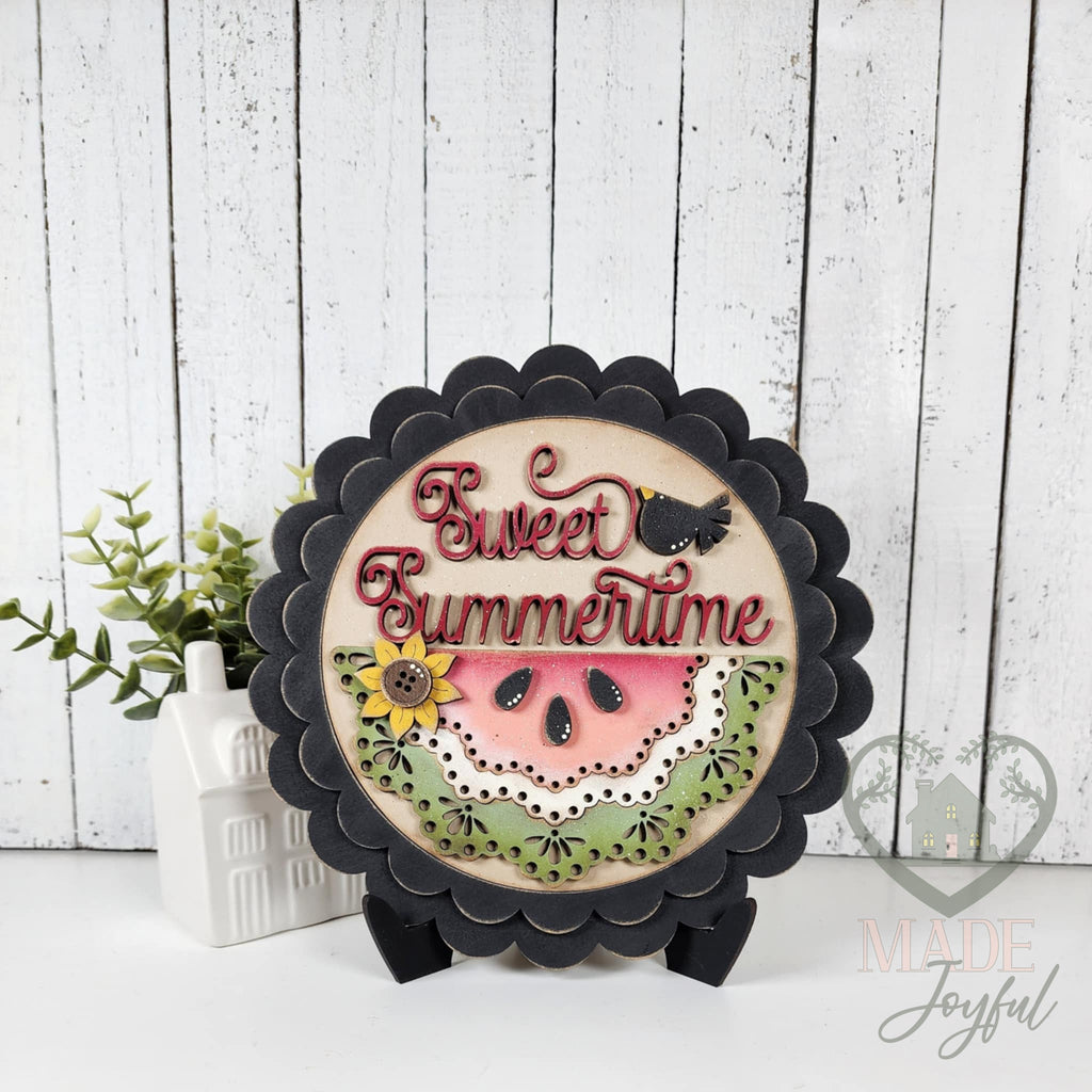 Sweet Summertime watermelon round in a black scalloped frame, hand-painted in Brentwood, TN.