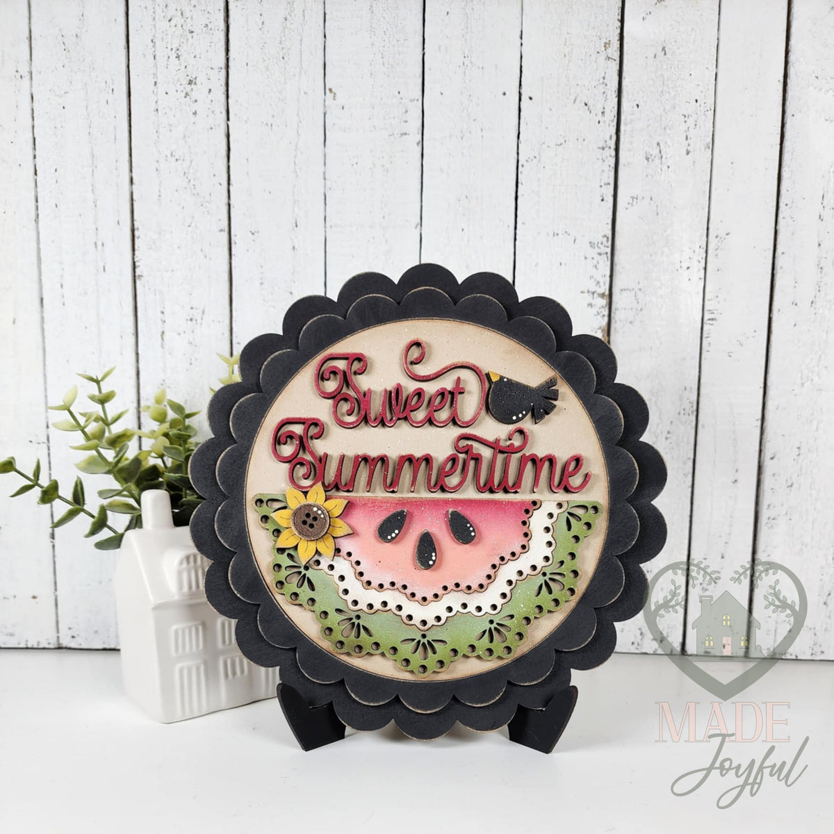 Sweet Summertime watermelon round in a black scalloped frame, hand-painted in Brentwood, TN.