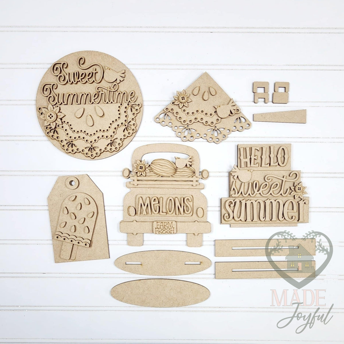 Unfinished laser-cut wood Sweet Summertime Watermelon Tiered Tray Decor Set DIY kit, ready to paint at a DIY party in Williamson County, TN.