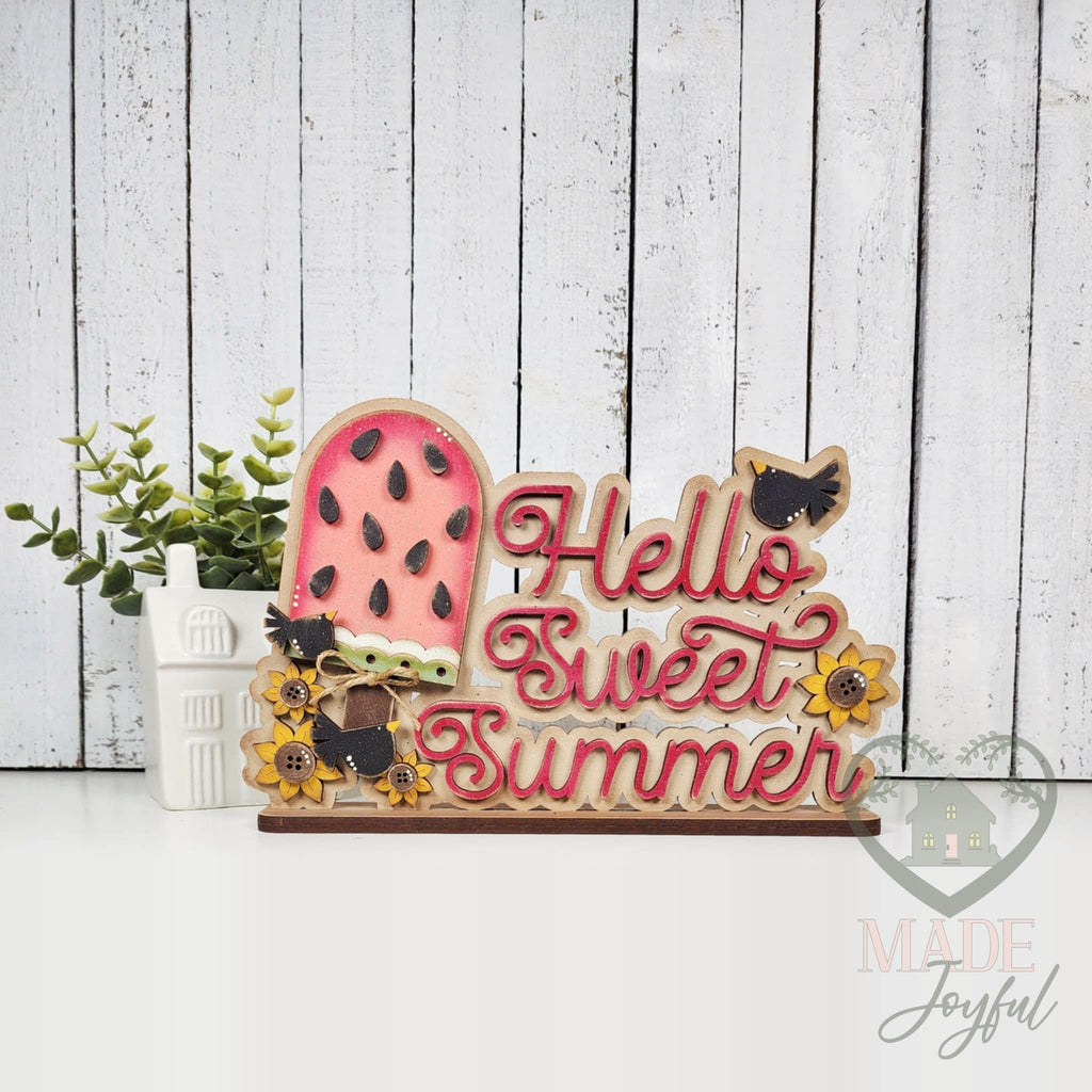 Hello Sweet Summer watermelon word art with popsicle and sunflowers, hand-painted in Brentwood, TN.