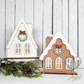 Pair of gingerbread house votive holders in white and brown with wreaths, hand-painted in Brentwood, TN.