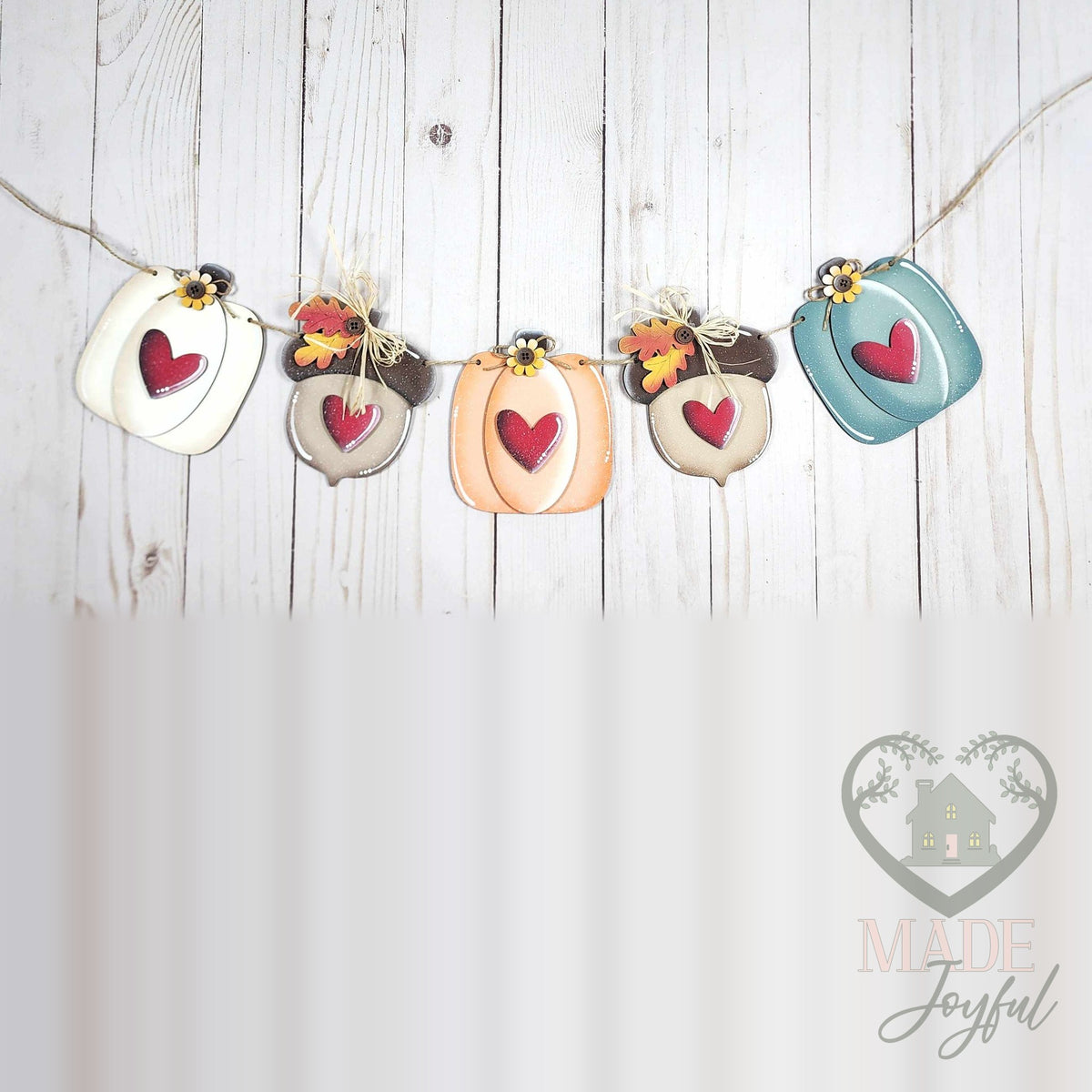 Fall harvest banner of pumpkins and acorns with red hearts, hand-painted in Brentwood, TN.