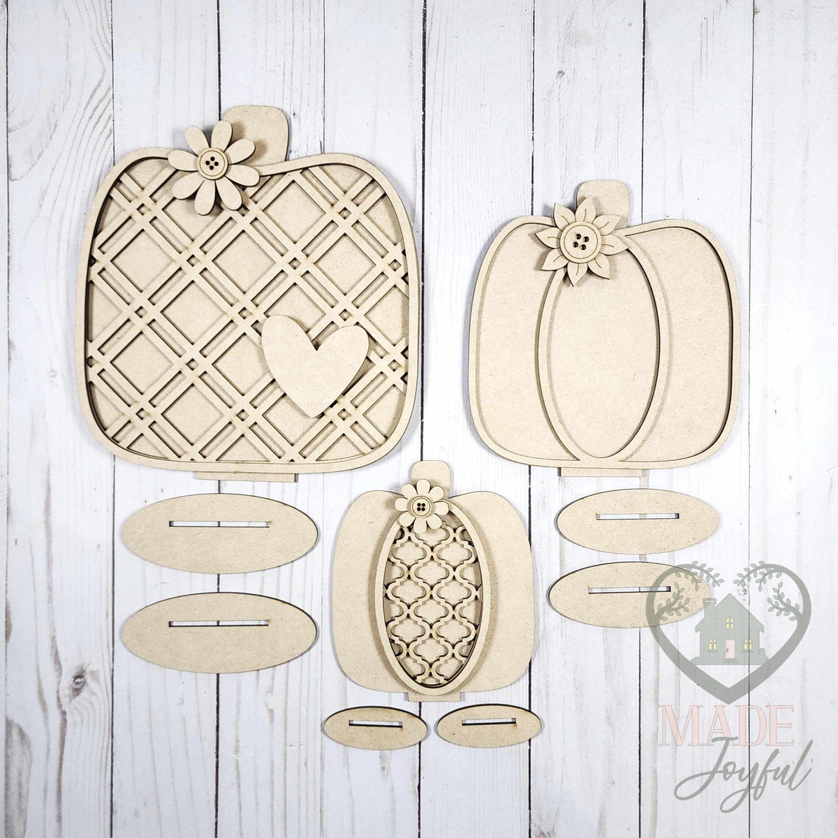 Unfinished laser-cut wood Harvest Pumpkin Shelf Sitter Trio DIY kit, ready to paint at a DIY party in Williamson County, TN.