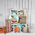 Fall scarecrow tiered tray set with scarecrow round, Autumn Blessings board, and Hello Fall pumpkin, hand-painted in Brentwood, TN.