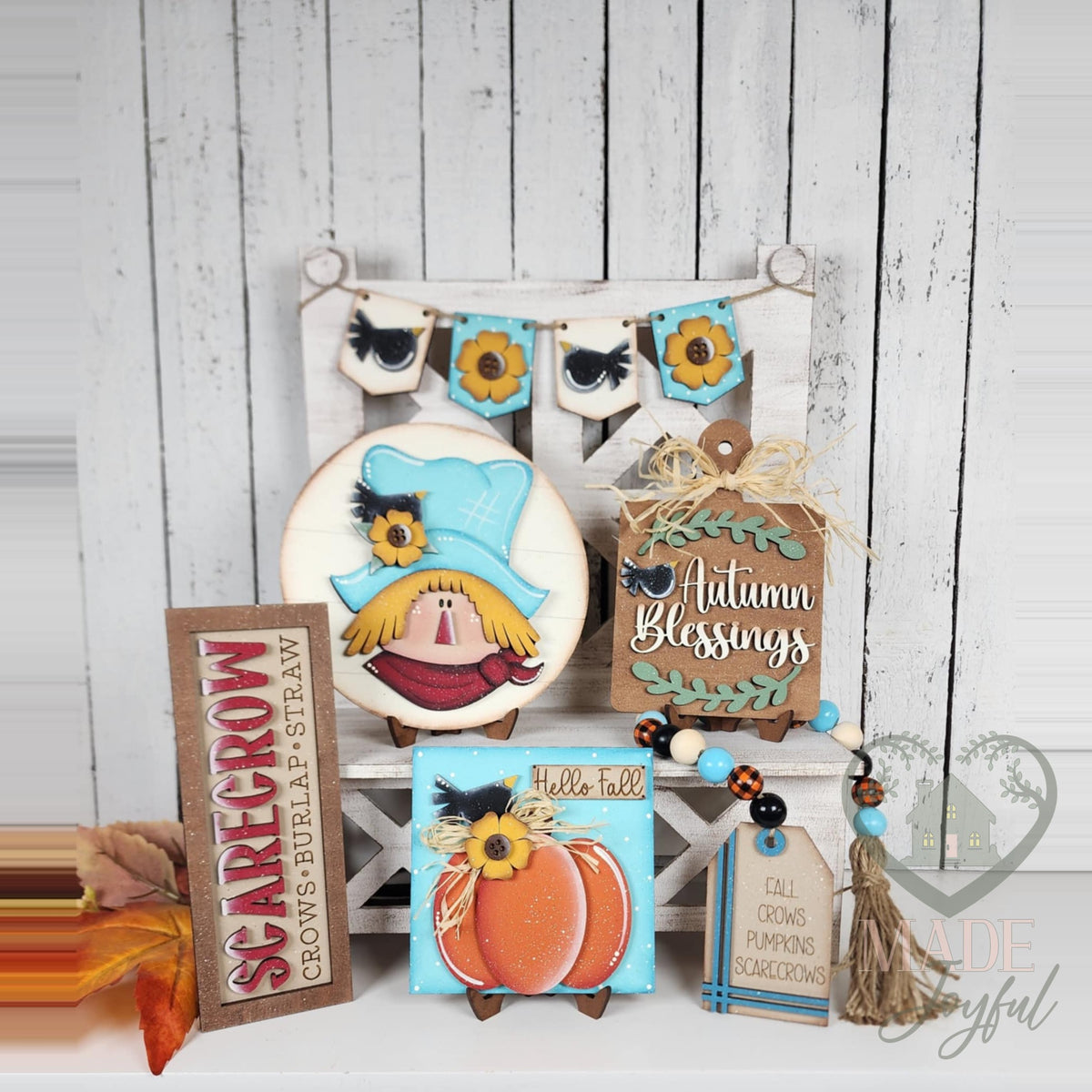 Fall scarecrow tiered tray set with scarecrow round, Autumn Blessings board, and Hello Fall pumpkin, hand-painted in Brentwood, TN.
