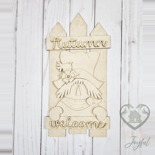 Unfinished laser-cut wood Autumn Welcome Scarecrow Fence Leaner DIY kit, ready to paint at a DIY party in Williamson County, TN.