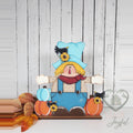 Fall scarecrow shelf sitter in a blue hat and overalls with pumpkins, hand-painted in Brentwood, TN.