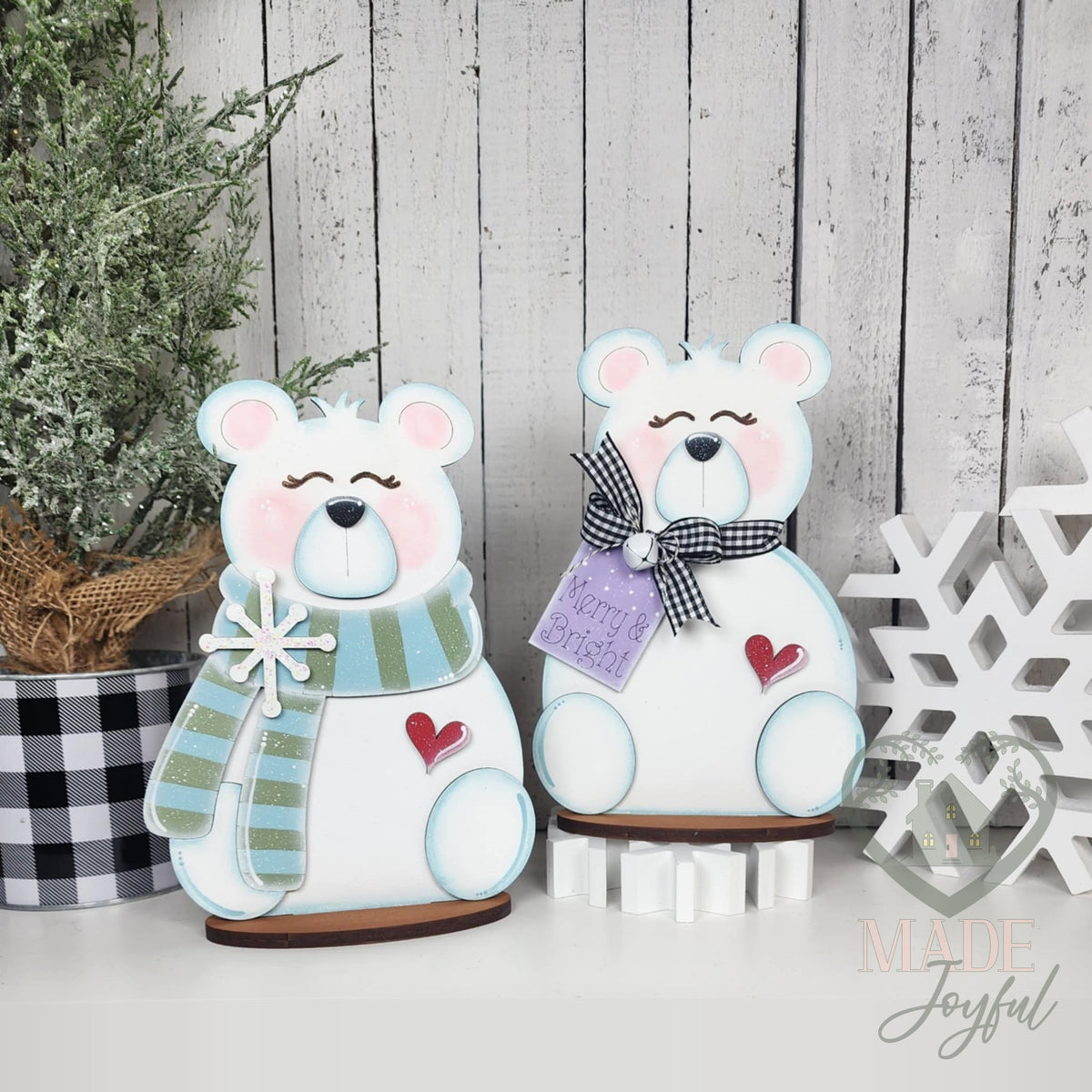 Pair of polar bear shelf sitters with scarf and gingham bow, hand-painted in Brentwood, TN.