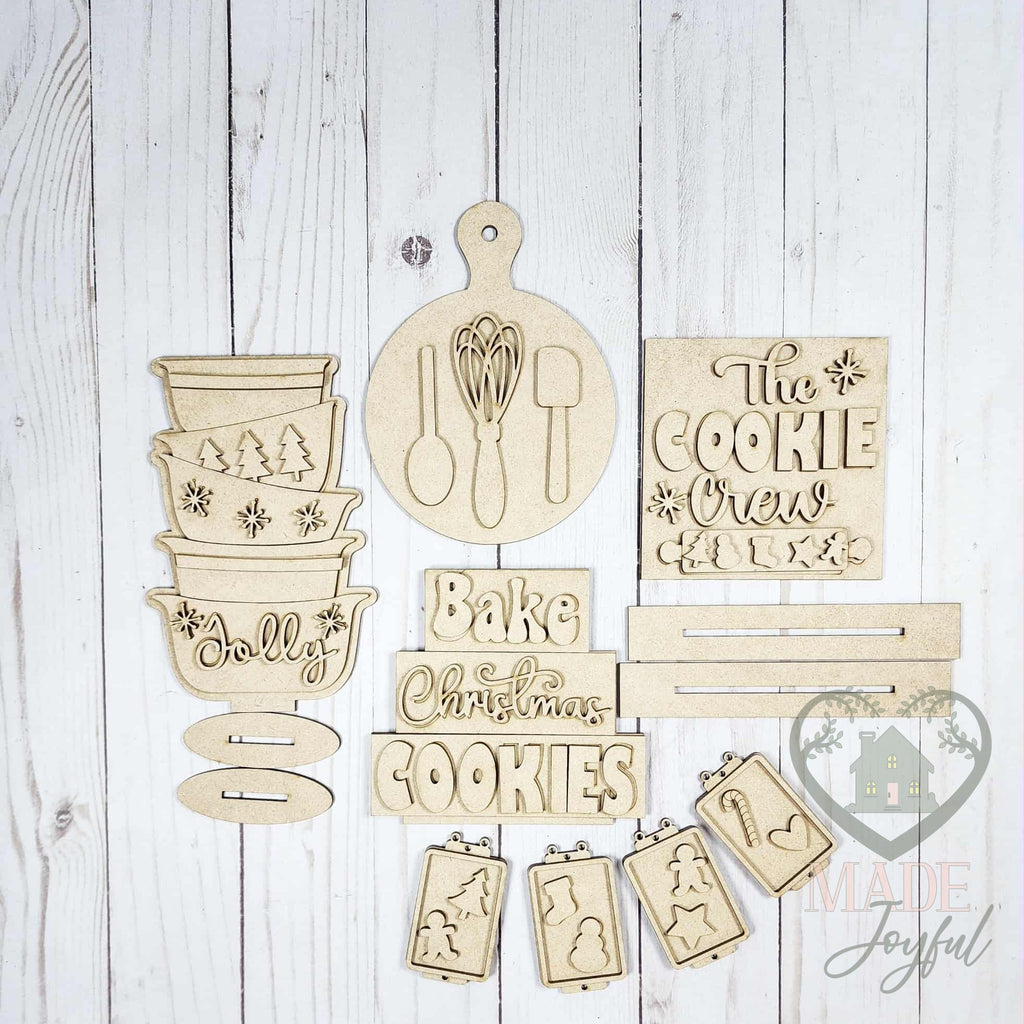 Unfinished laser-cut wood Christmas Baking Tiered Tray Decor Set DIY kit, ready to paint at a DIY party in Williamson County, TN.