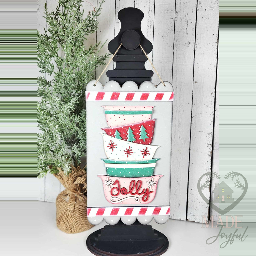Jolly vintage mixing bowl sign on a stand, hand-painted in Brentwood, TN.