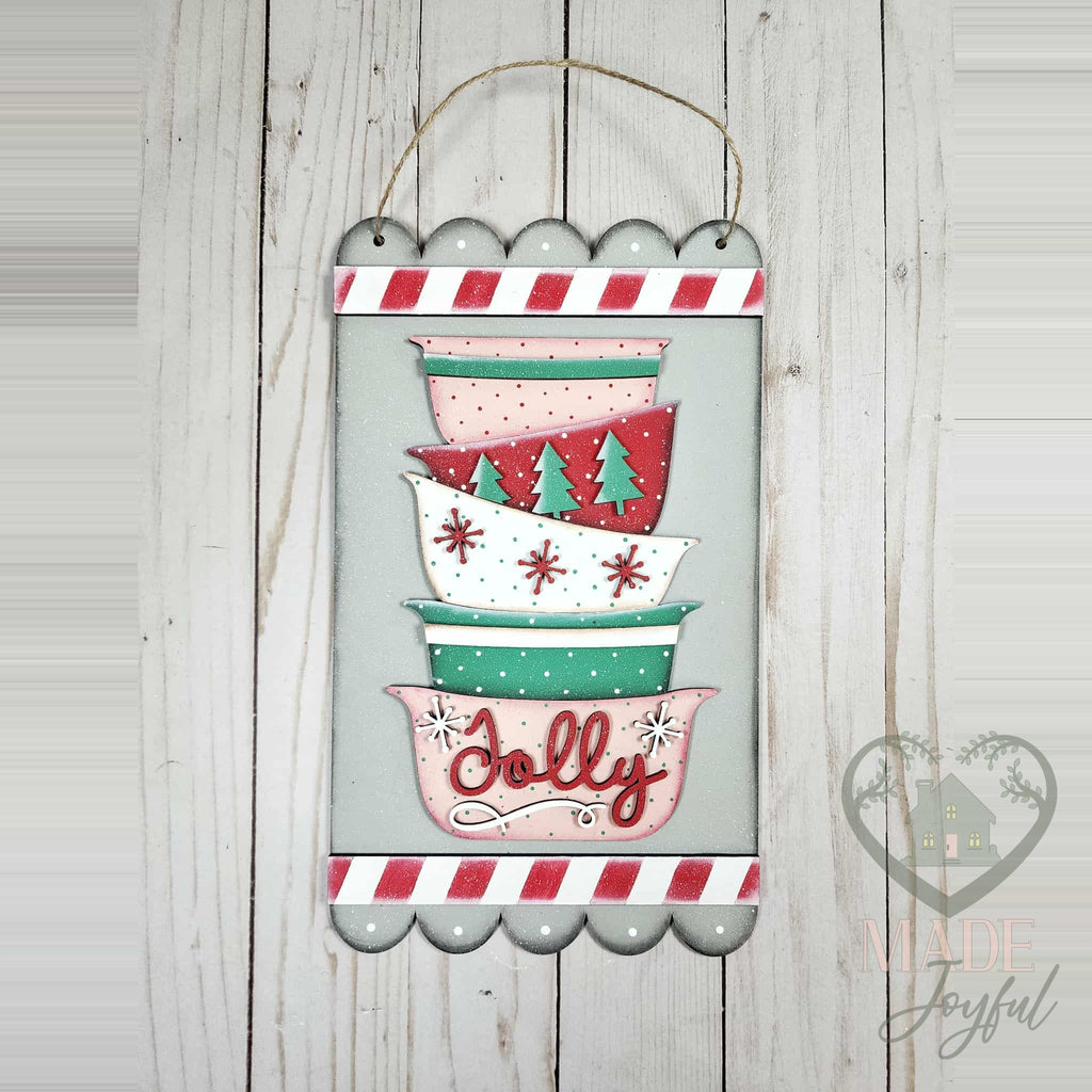 Jolly mixing bowl sign hanging from twine, hand-painted in Brentwood, TN.