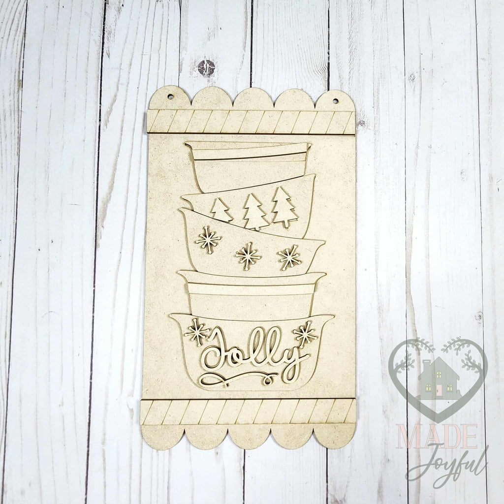 Unfinished laser-cut wood Jolly Vintage Mixing Bowl Sign DIY kit, ready to paint at a DIY party in Williamson County, TN.