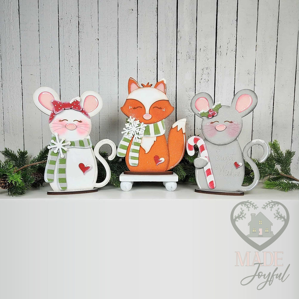 Forest Friends shelf sitters with white mouse, fox, and gray mouse, hand-painted in Brentwood, TN.