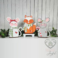 Forest Friends shelf sitters with white mouse, fox, and gray mouse, hand-painted in Brentwood, TN.