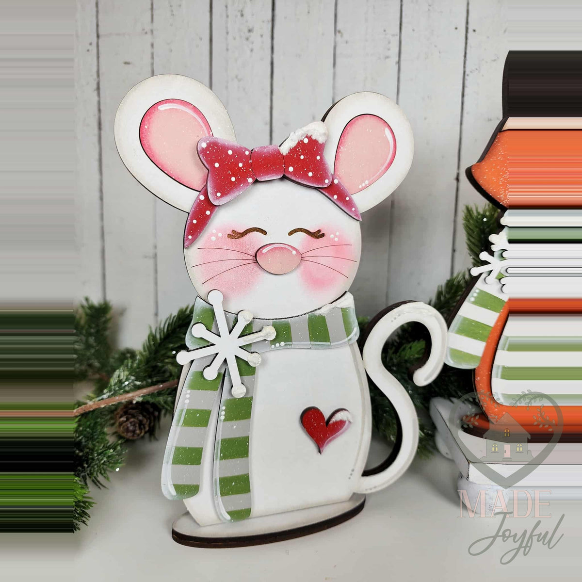 White mouse shelf sitter with red polka-dot bow and striped scarf, hand-painted in Brentwood, TN.