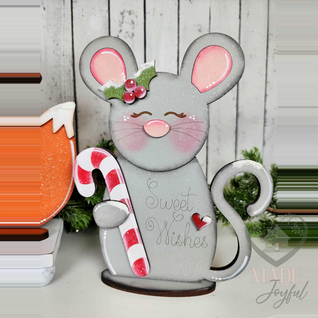 Gray mouse shelf sitter with candy cane and Sweet Wishes, hand-painted in Brentwood, TN.