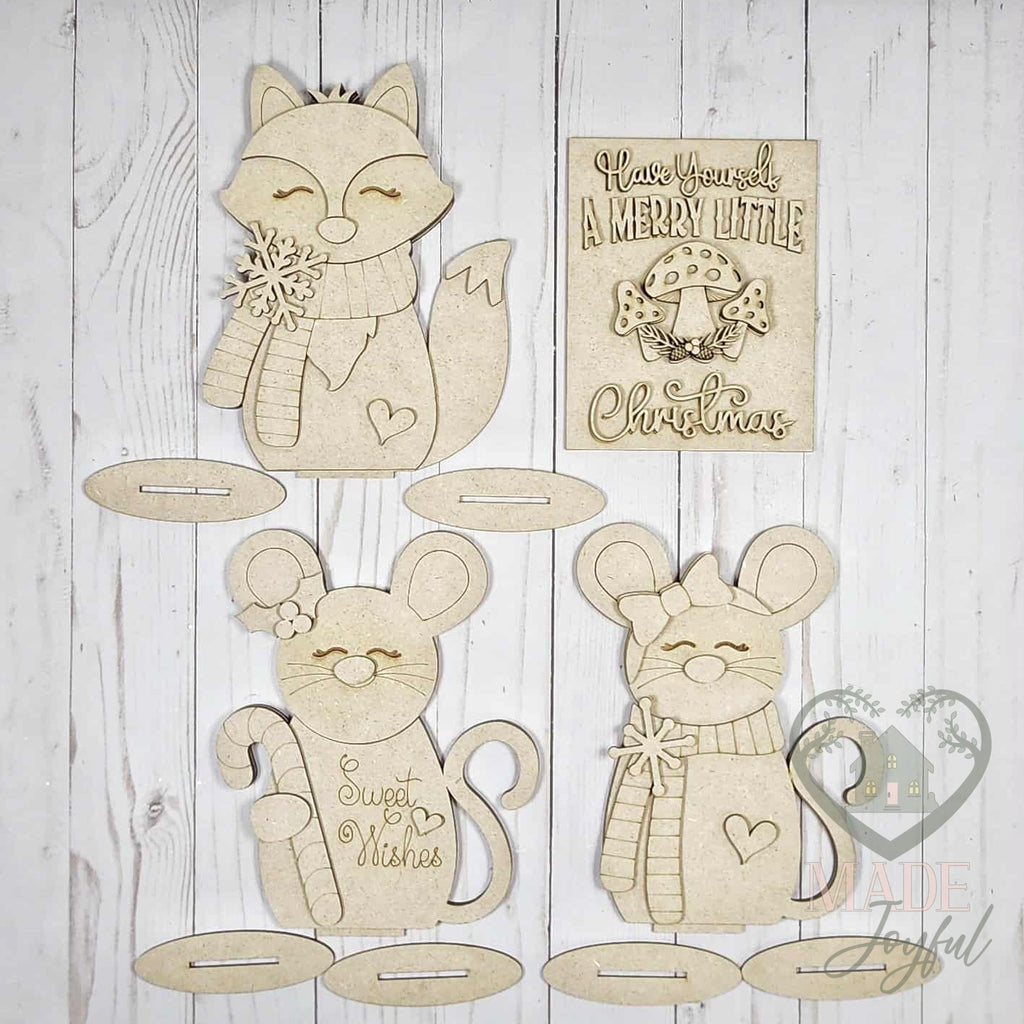 Unfinished laser-cut wood Forest Friends Shelf Sitters DIY kit, ready to paint at a DIY party in Williamson County, TN.