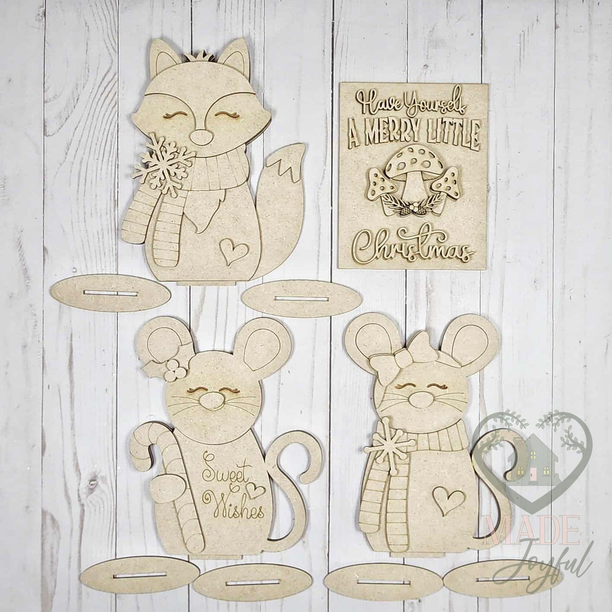 Unfinished laser-cut wood Forest Friends Shelf Sitters DIY kit, ready to paint at a DIY party in Williamson County, TN.