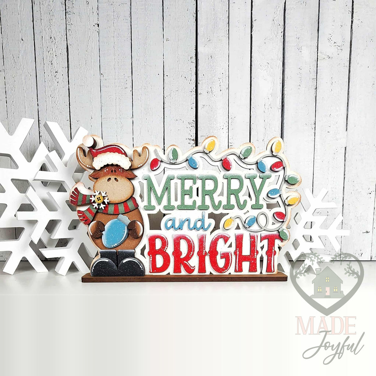 Merry and Bright word art with moose and Christmas lights, hand-painted in Brentwood, TN.