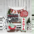 North Pole tiered tray set with Santa Claus Is Coming to Town sign, Santa Stop Here round, and sleigh, hand-painted in Brentwood, TN.